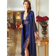 طقم لانجري حرير ناعم طويل ست قطع لون الأزرق الداكن PRN-9070