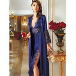 طقم لانجري حرير ناعم طويل ست قطع لون الأزرق الداكن PRN-9070