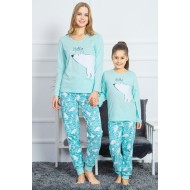 بيجاما للأم وبيجاما لأبنتها تركية كم طويل لون سماوي