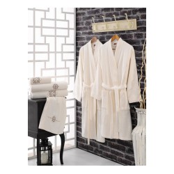 طقم برنس حمام تركي مزدوج رجالي ونسائي مطرز قطن لون كريم - كريم CT-5501001-KRE-KRE