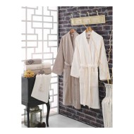 طقم برنس حمام تركي مزدوج رجالي ونسائي مطرز قطن لون كريم - ترابي CT-5501003-KRE-TPK