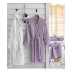 طقم برنس حمام تركي مزدوج رجالي ونسائي مطرز قطن لون ليلكي -  ابيض CT-5501004-ZMB-BYZ