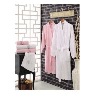 طقم برنس حمام تركي مزدوج رجالي ونسائي مطرز قطن لون زهري - ابيض CT-5501005-PMB-BYZ