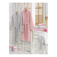 طقم برنس حمام تركي مزدوج رجالي ونسائي مطرز قطن لون بودرة - رمادي CT-5501007-PUD-YSL