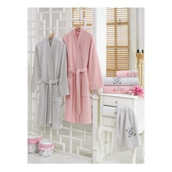 طقم برنس حمام تركي مزدوج رجالي ونسائي مطرز قطن لون بودرة - رمادي CT-5501007-PUD-YSL