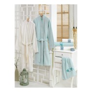 طقم برنس حمام تركي مزدوج رجالي ونسائي مطرز قطن لون كريم - نعناع CT-5501009-KRE-NAN طقم برنس حمام تركي مزدوج رجالي ونسائي مطرز قطن لون كريم - نعناع CT-5501009-KRE-NAN