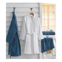 طقم برنس حمام تركي مزدوج رجالي ونسائي مطرز قطن لون ابيض - ازرق CT-5501010-BYZ-MAV