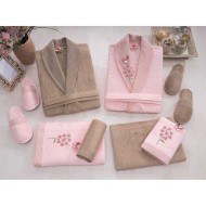 طقم برنس حمام تركي مزدوج رجالي ونسائي ثلاثي الابعاد خيزران لون البودرة - بيج CT-5541001-PUD-BEJ