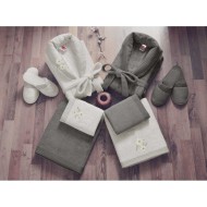 طقم برنس حمام تركي مزدوج رجالي ونسائي ثلاثي الابعاد خيزران لون بيج فاتح - حجري CT-5541002-EKR-TAS