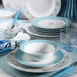 طقم سفرة 24 قطعة بورسلان بون باساك حواف وردية و سماوي لون أبيض KTH-YS24Y24209377-BYZ