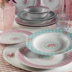 طقم سفرة 24 قطعة بورسلان بون باساك حواف تركواز و زهري لون أبيض KTH-YS24Y24209378-BYZ