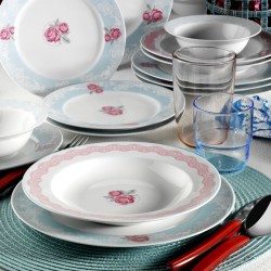 طقم سفرة 24 قطعة بورسلان بون باساك حواف تركواز و زهري لون أبيض KTH-YS24Y24209379-BYZ