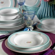 طقم سفرة 24 قطعة بورسلان بون باساك حواف تركواز لون أبيض KTH-YS24Y24209381-BYZ طقم سفرة 24 قطعة بورسلان بون باساك حواف تركواز لون أبيض KTH-YS24Y24209381-BYZ