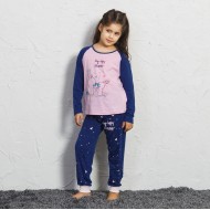 بيجاما بناتي تركية كم طويل لون زهري وكحلي