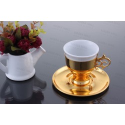 طقم قنجان قهوة خزف مع حوامل و اطباق مزخرفة من القصدير المطلي بالذهب INH-9682-ALT-BHZ طقم قنجان قهوة خزف مع حوامل و اطباق مزخرفة من القصدير المطلي بالذهب INH-9682-ALT-BHZ