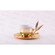 طقم قنجان قهوة خزف مع حوامل و اطباق مزخرفة من النحاس المطلي بالذهب INH-9788-ALT-BHZ