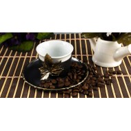 طقم قنجان قهوة خزف مع حوامل و اطباق مزخرفة من النحاس المؤكسد الاسود INH-9822-SYH-BYZ