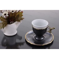 طقم قنجان قهوة خزف مع حوامل و اطباق مزخرفة من النحاس المؤكسد الاسود INH-9891-SYH-BYZ