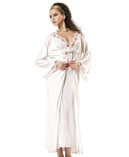Cotton Long Nightgown Set Lingerie Natural Cotton 100% WHITE Color MG-7014-BYZ