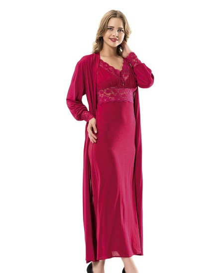 Cotton Long Nightgown Set Lingerie Natural Cotton 100% BORDEAUX Color MG-9911-BRD